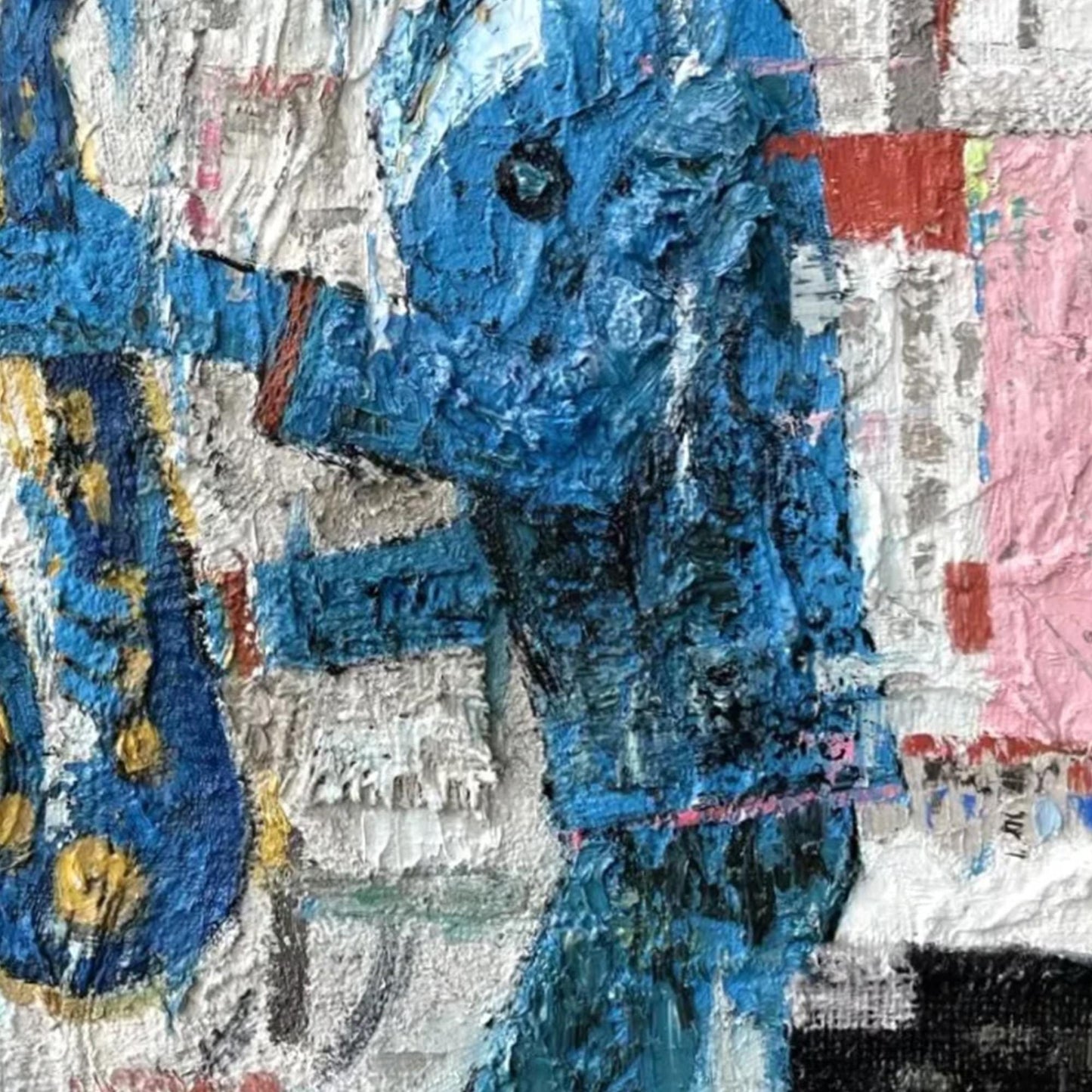 Textured Blue Saxophonist Mixed Media Painting – Figure Portrait Wall Art