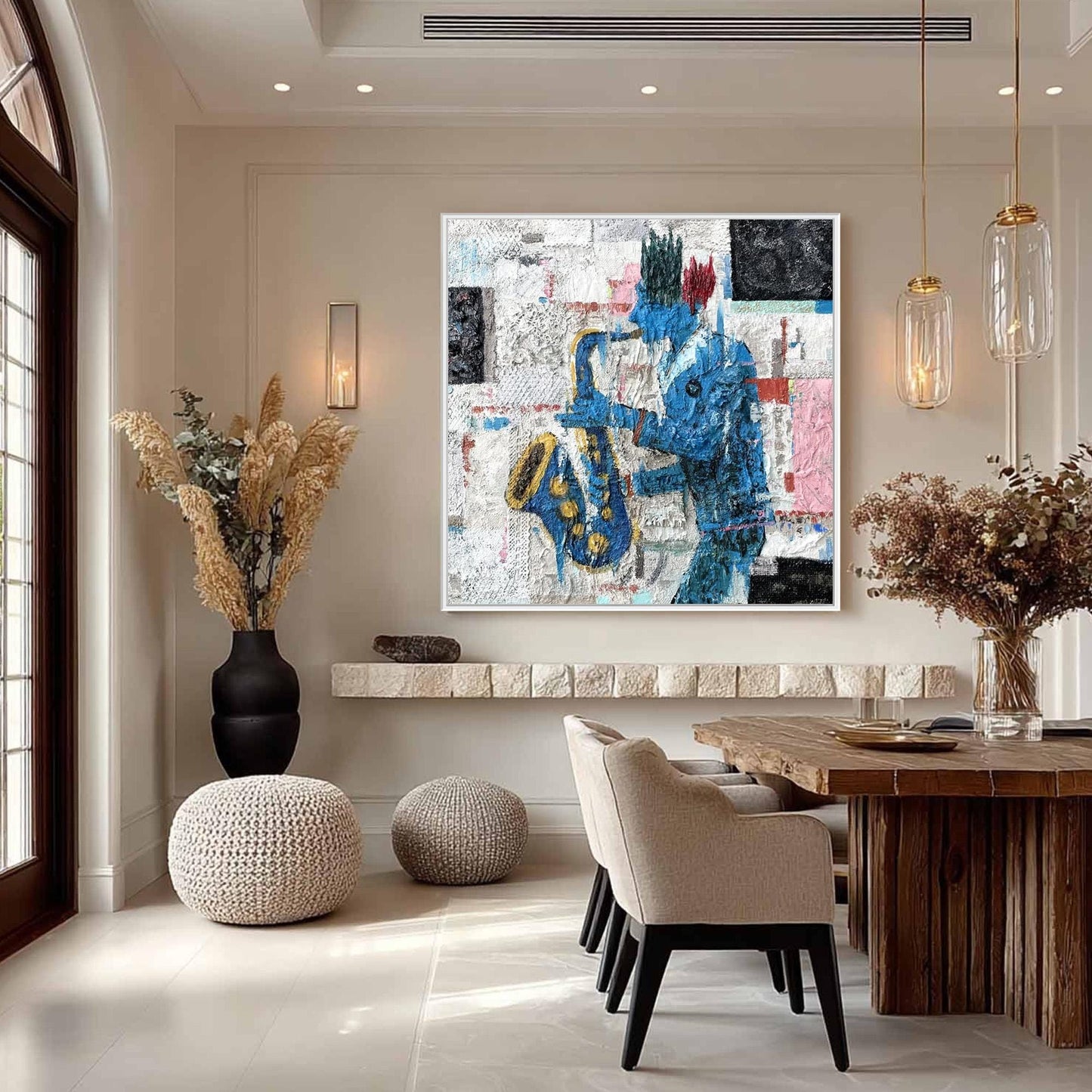 Textured Blue Saxophonist Painting, Mixed Media Jazz Artwork, Figurative Wall Decor – Blue Couple Figure Portrait Wall Art | 