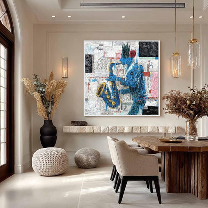 Textured Blue Saxophonist Painting, Mixed Media Jazz Artwork, Figurative Wall Decor – Blue Couple Figure Portrait Wall Art | 