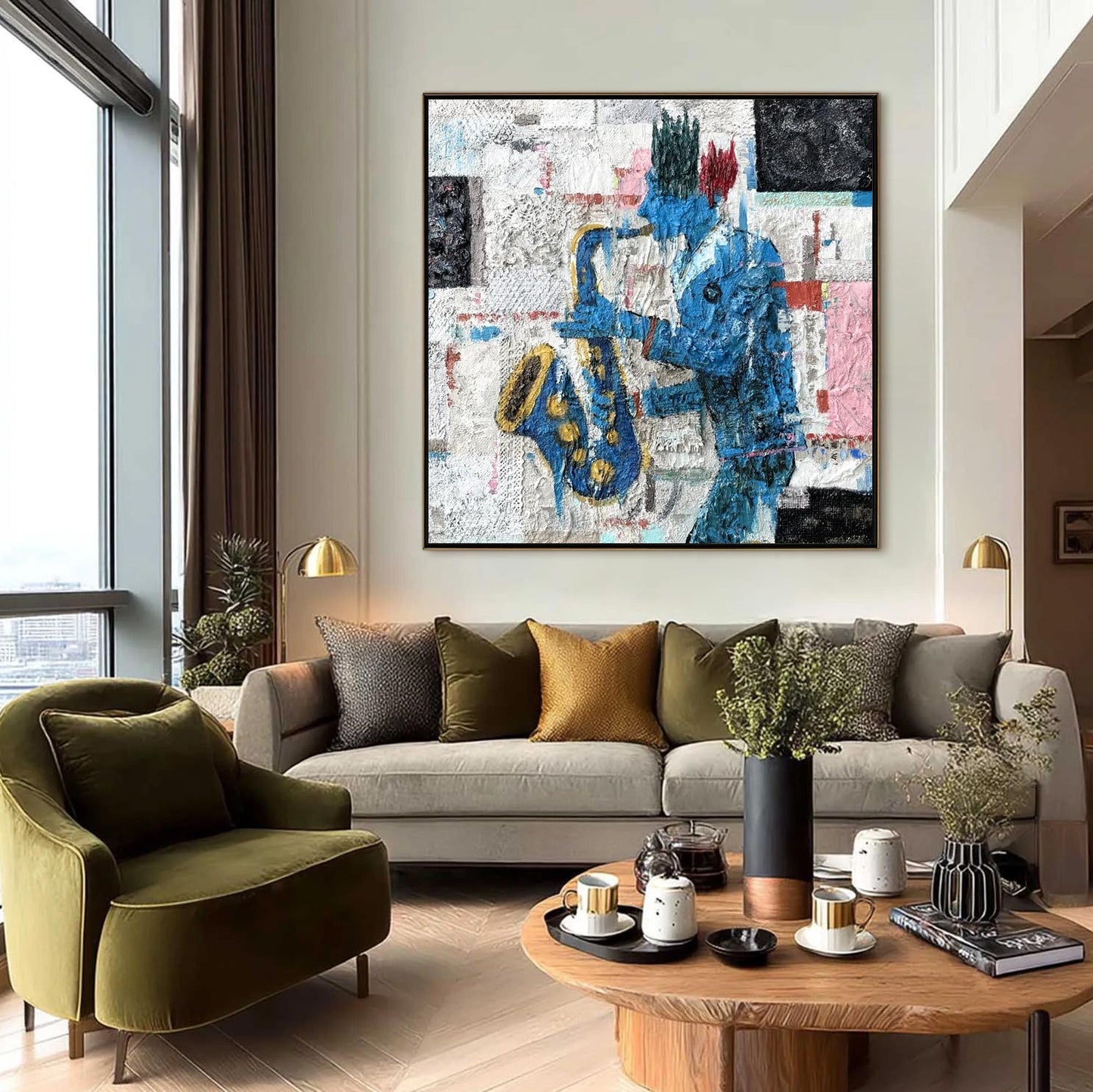 Textured Blue Saxophonist Mixed Media Painting – Figure Portrait Wall Art