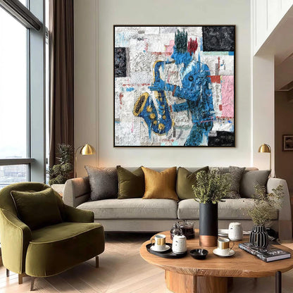 Textured Blue Saxophonist Mixed Media Painting – Figure Portrait Wall Art