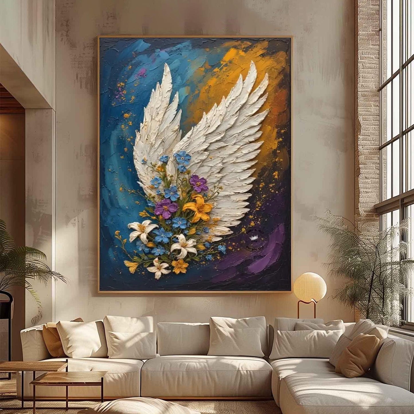 Textured Angel Wing Floral Painting, Mixed Media Canvas Art, Spiritual Wall Decor – White Floral Wall Art | Textured Mixed Me