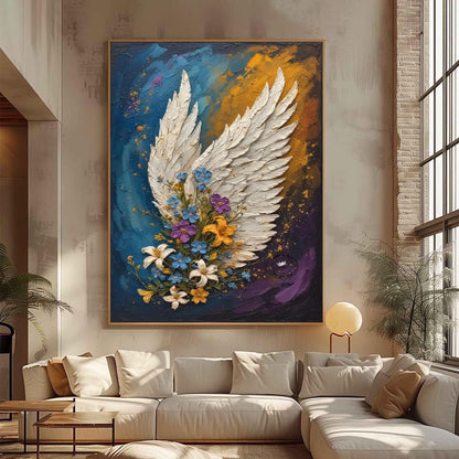 Textured Angel Wing Floral Painting, Mixed Media Canvas Art, Spiritual Wall Decor – White Floral Wall Art | Textured Mixed Me