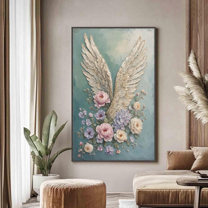 Textured Angel Wings Floral Wall Art – Mixed Media Painting