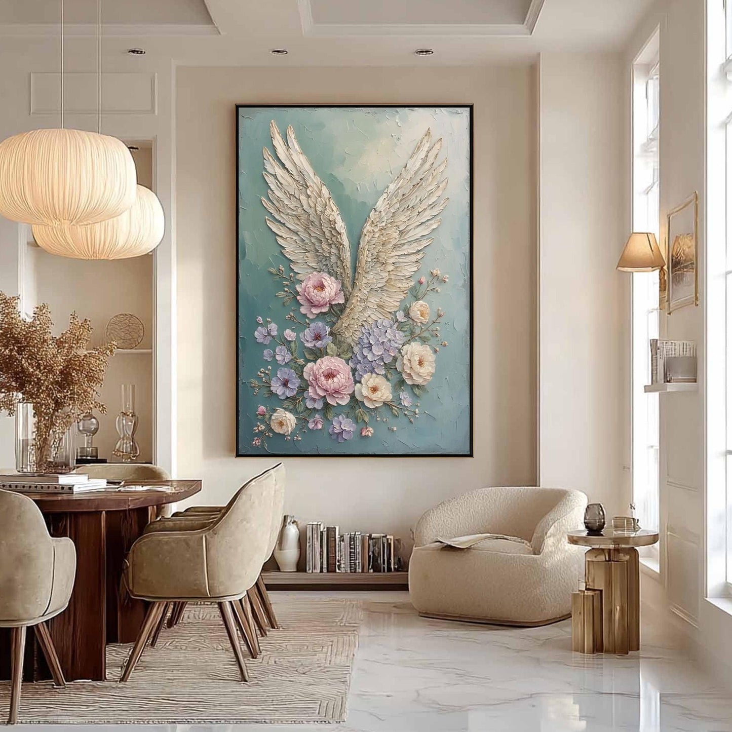 Textured Angel Wings Painting with Pastel Flowers, Mixed Media Floral Canvas Artwork – Floral Wall Art | Textured Mixed Media