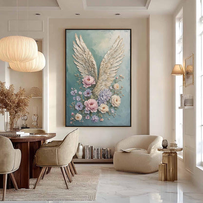 Textured Angel Wings Painting with Pastel Flowers, Mixed Media Floral Canvas Artwork – Floral Wall Art | Textured Mixed Media