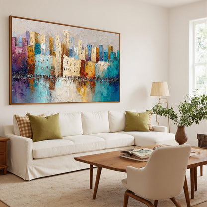 Vibrant Cityscape – Colorful Cityscape City Architecture Wall Art | Abstract Textured Oil Painting, view 3