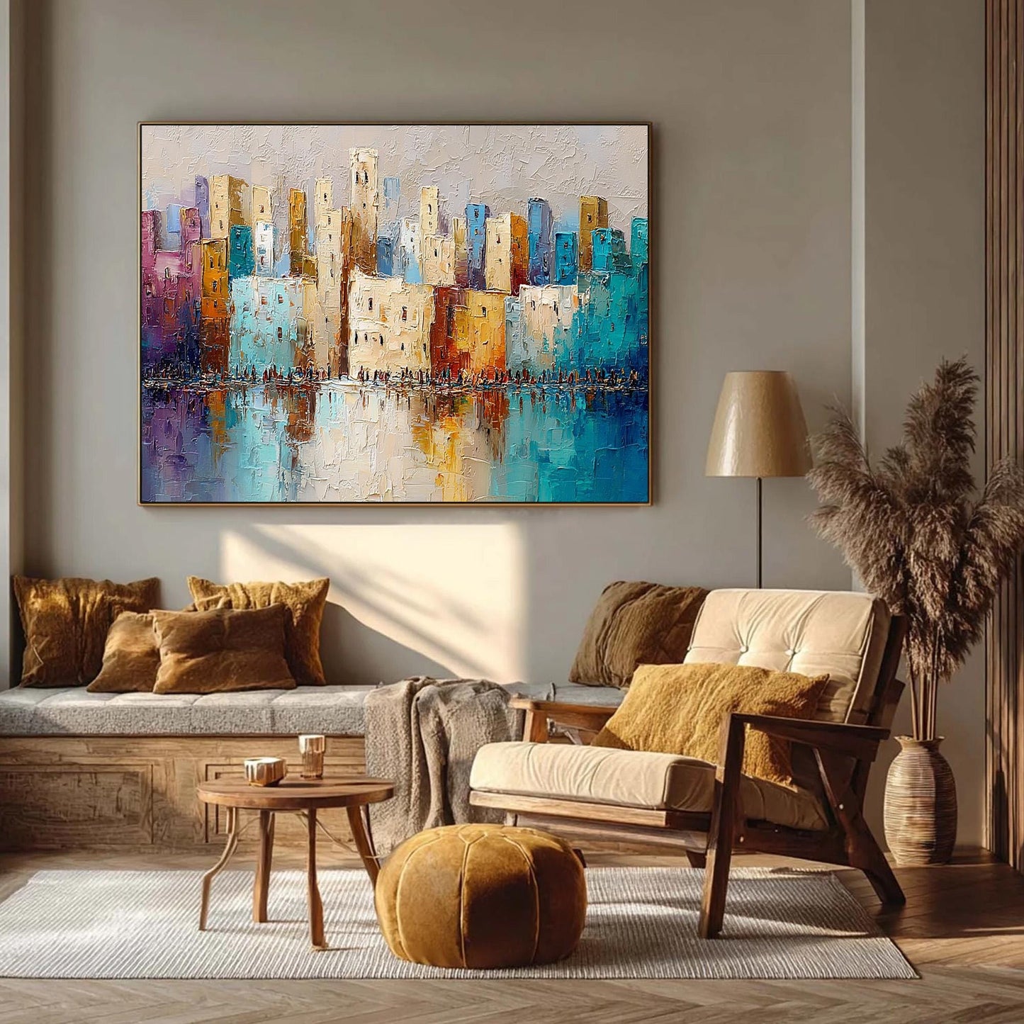 Vibrant Cityscape – Colorful Cityscape City Architecture Wall Art | Abstract Textured Oil Painting, view 4