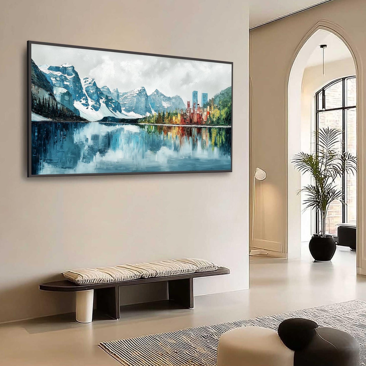 Textured Impasto Mountain Lake Painting, City Reflection Alpine Canvas, Blue Green Wall Art – Colorful Alpine Mountain Wall A