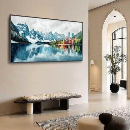 Textured Impasto Mountain Lake Painting, City Reflection Alpine Canvas, Blue Green Wall Art – Colorful Alpine Mountain Wall A