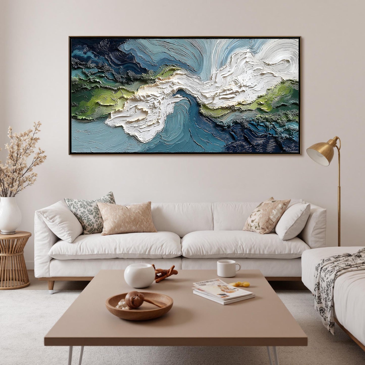 Blue and Green Impasto Seascape Wall Art – Textured Coastal Painting
