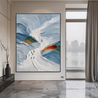 Textured Ski Slope Impasto Painting, Snowy Abstract Skiers Canvas Art – Colorful Abstract Wall Art | Impasto Painting, view 5