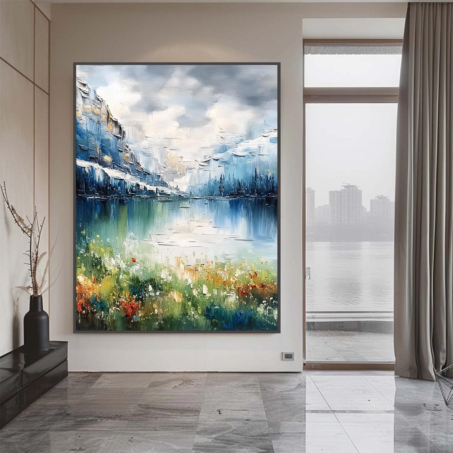 Blue and Green Impasto Mountain Lake Landscape Wall Art