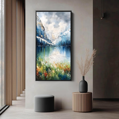 Blue and Green Impasto Mountain Lake Landscape Wall Art