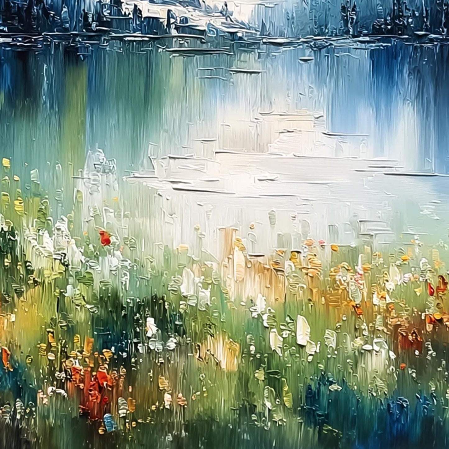 Blue and Green Impasto Mountain Lake Landscape Wall Art