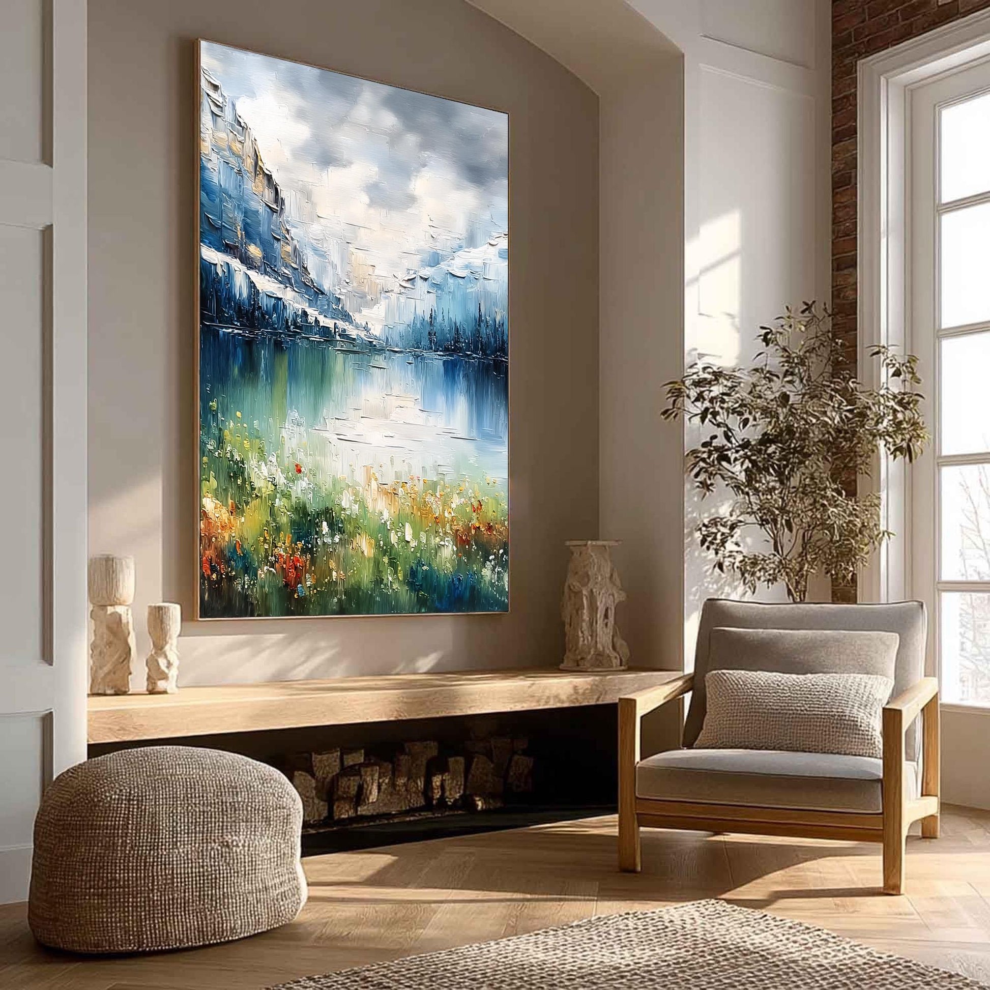 Textured Mountain Lake Painting, Impasto Landscape Canvas, Blue Green Floral Shoreline, Modern Wall Art – Blue and Green Lake