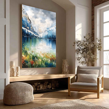 Textured Mountain Lake Painting, Impasto Landscape Canvas, Blue Green Floral Shoreline, Modern Wall Art – Blue and Green Lake