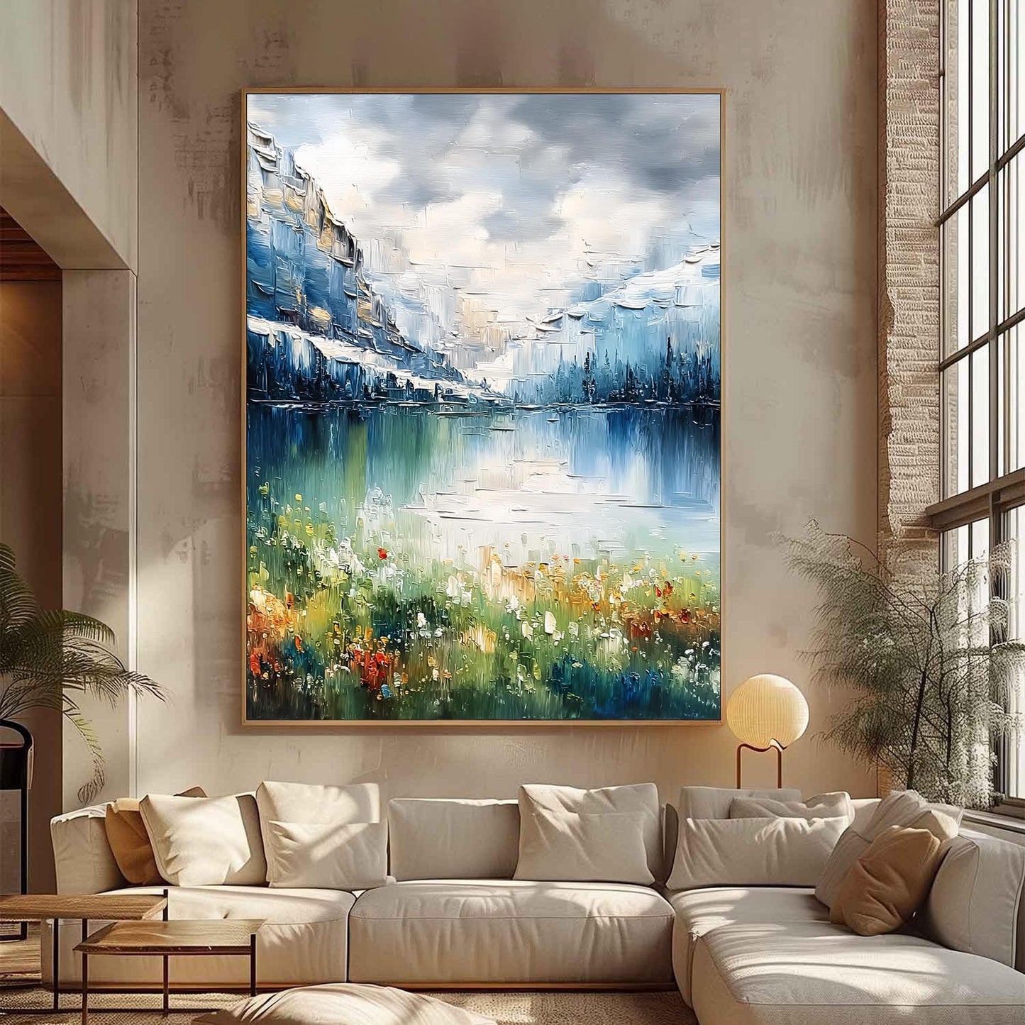 Textured Mountain Lake Painting, Impasto Landscape Canvas, Blue Green Floral Shoreline, Modern Wall Art – Blue and Green Lake