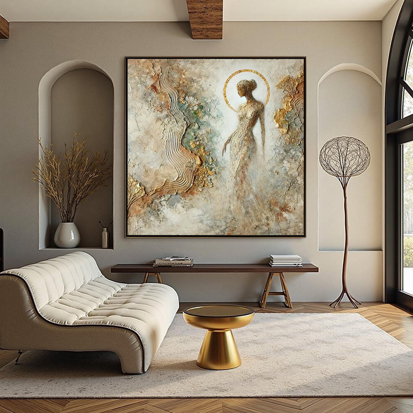 Gold Textured Female Figure Portrait Wall Art – Mixed Media Goddess Painting