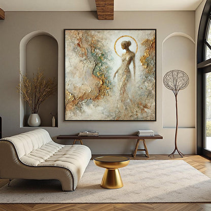 Gold Textured Female Figure Portrait Wall Art – Mixed Media Goddess Painting