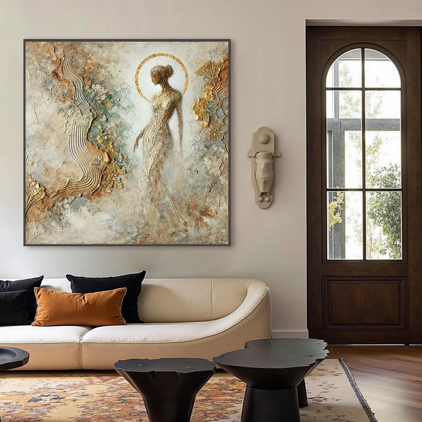 Gold Textured Female Figure Portrait Wall Art – Mixed Media Goddess Painting