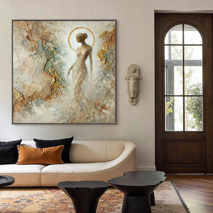 Gold Textured Female Figure Portrait Wall Art – Mixed Media Goddess Painting