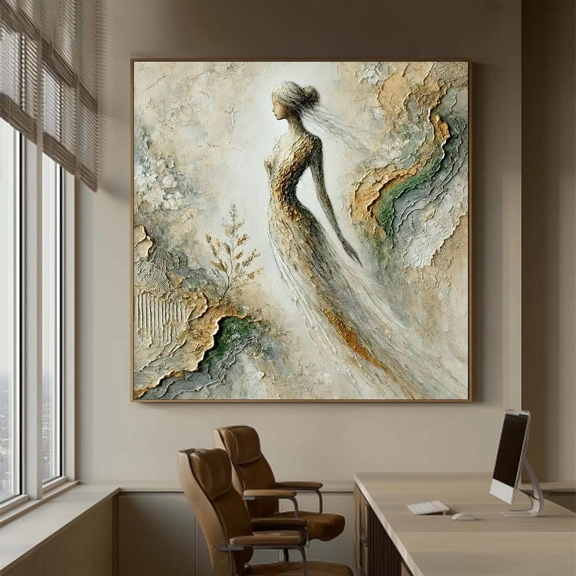 Textured Figure Painting, Mixed Media Woman Art, Gold Leaf Relief Canvas – Gold Female Figure Portrait Wall Art | Textured Mi
