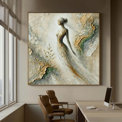 Textured Figure Painting, Mixed Media Woman Art, Gold Leaf Relief Canvas – Gold Female Figure Portrait Wall Art | Textured Mi
