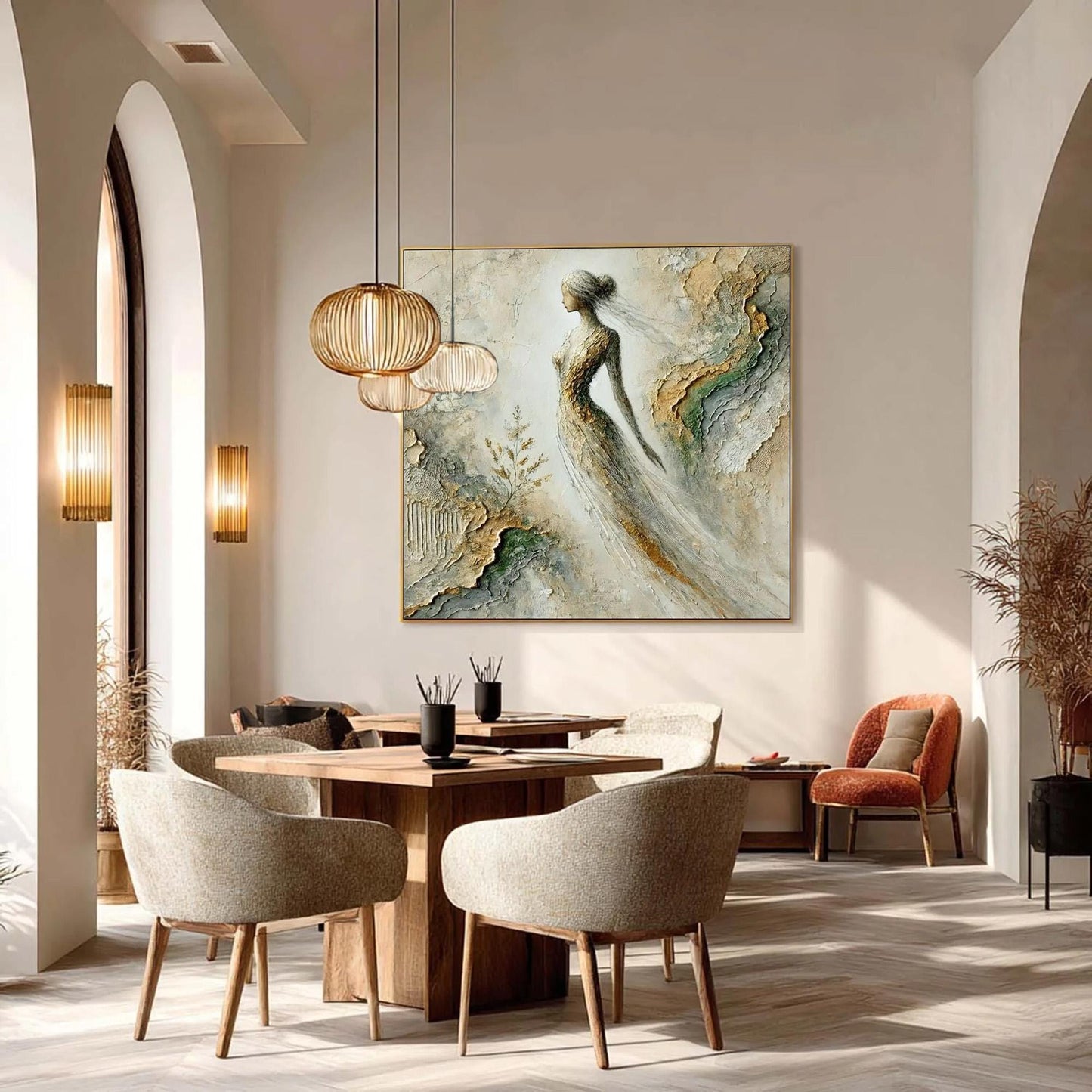 Gold Textured Female Figure Portrait Wall Art – Mixed Media Painting