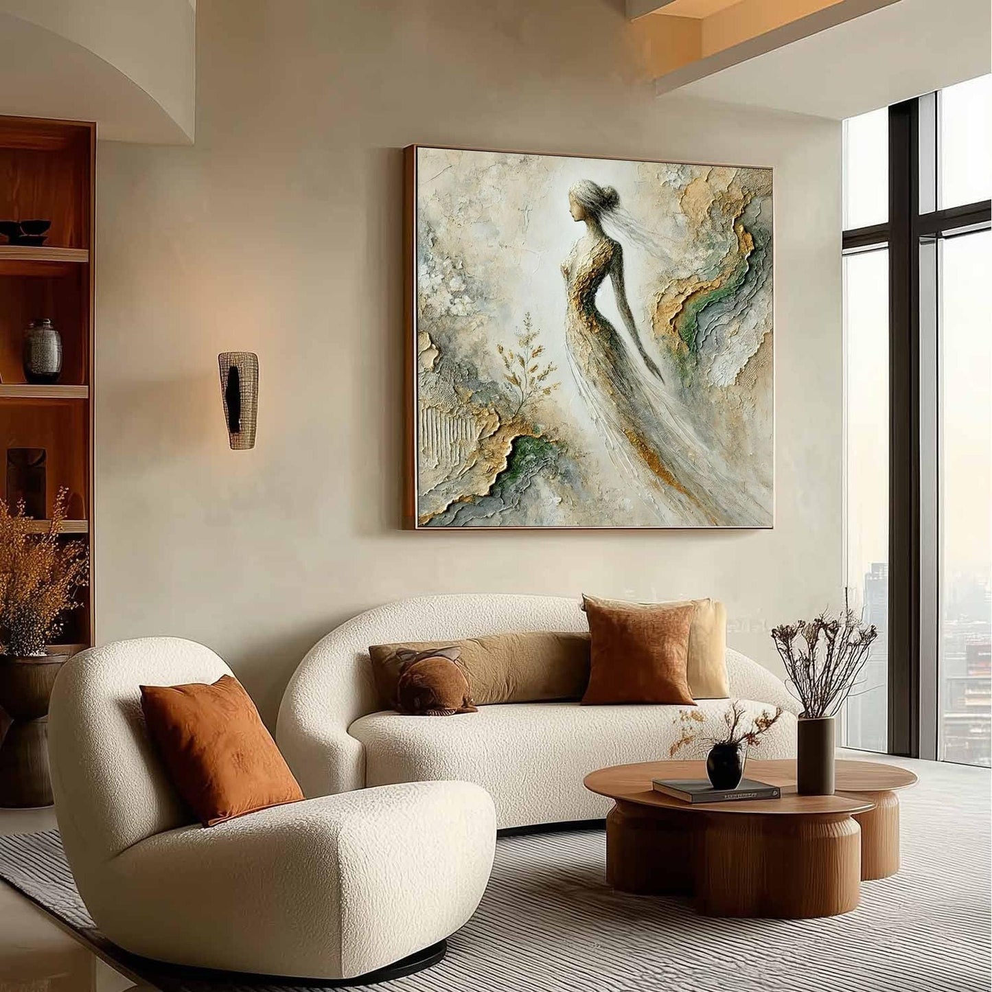 Textured Figure Painting, Mixed Media Woman Art, Gold Leaf Relief Canvas – Gold Female Figure Portrait Wall Art | Textured Mi
