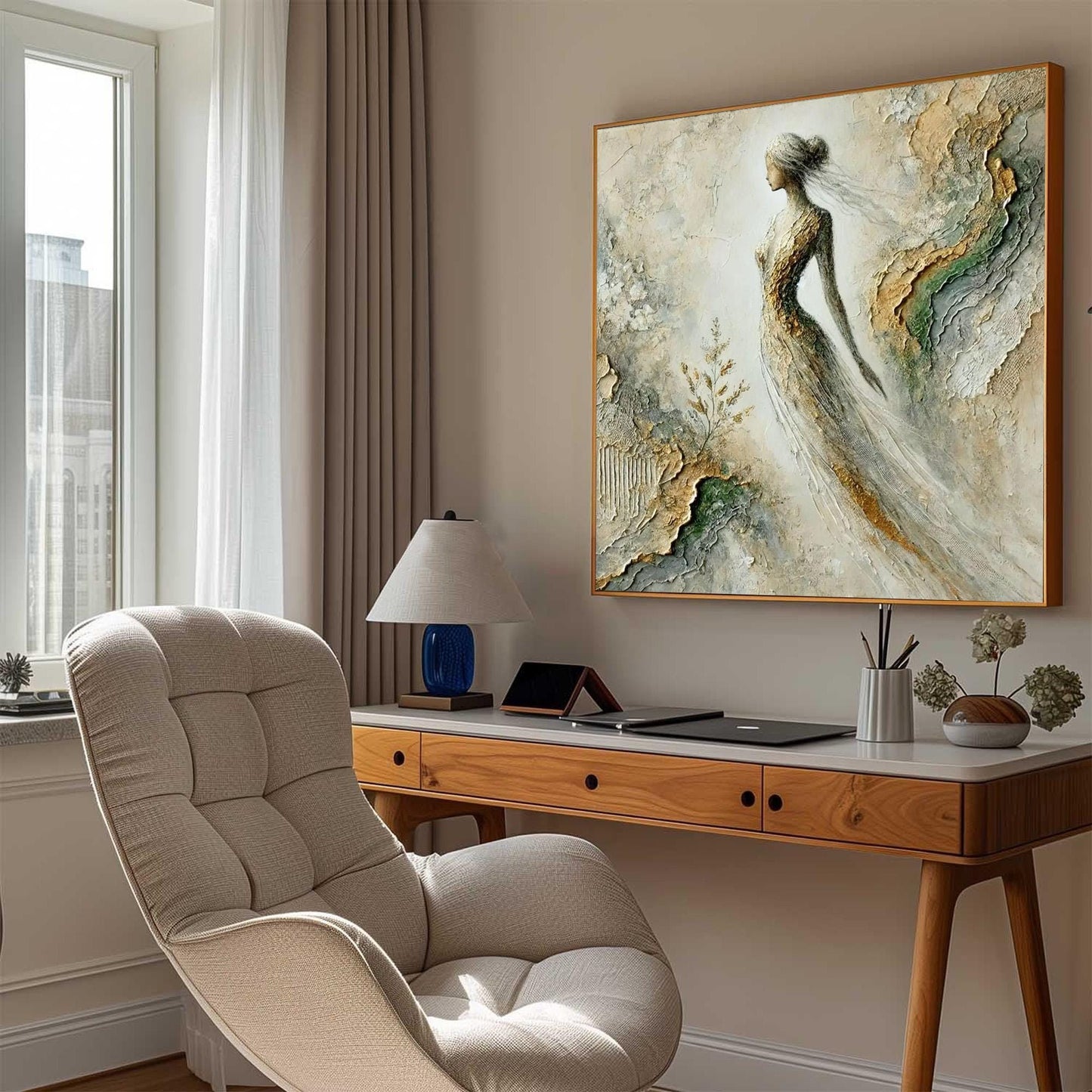 Textured Figure Painting, Mixed Media Woman Art, Gold Leaf Relief Canvas – Gold Female Figure Portrait Wall Art | Textured Mi