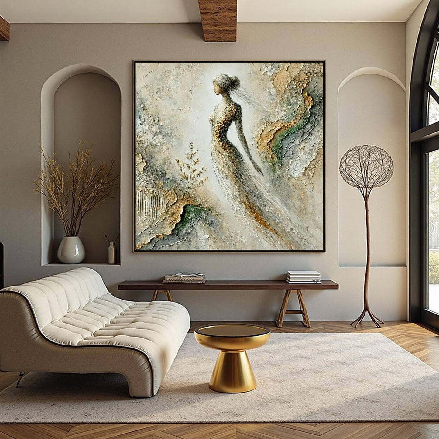 Gold Textured Female Figure Portrait Wall Art – Mixed Media Painting