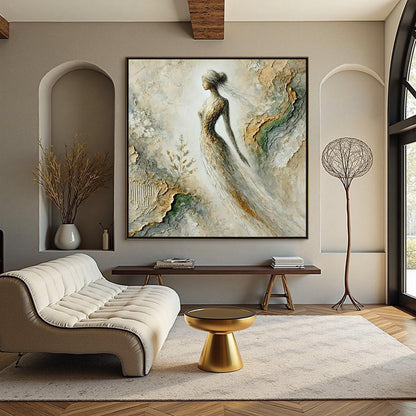 Gold Textured Female Figure Portrait Wall Art – Mixed Media Painting