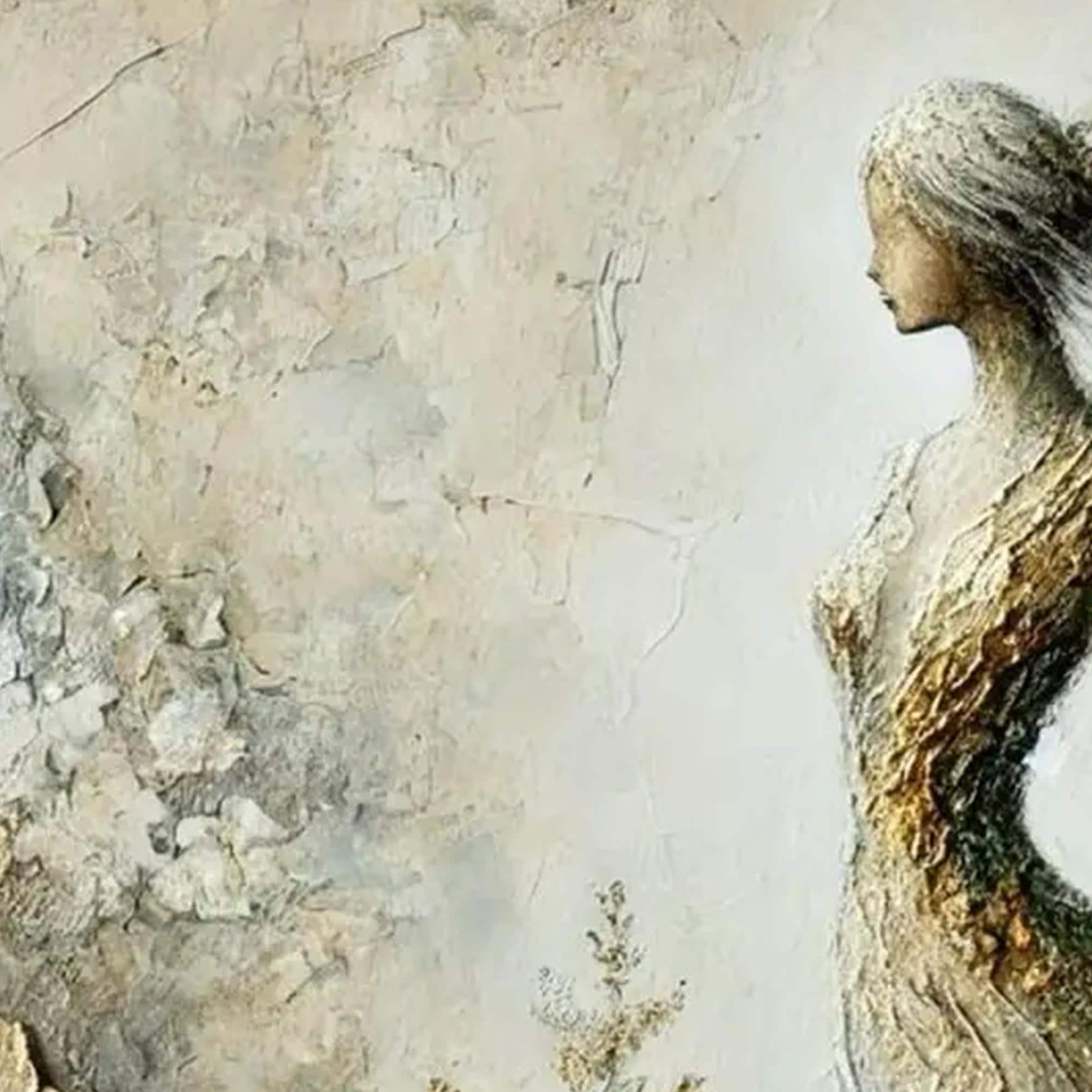 Textured Figure Painting, Mixed Media Woman Art, Gold Leaf Relief Canvas – Gold Female Figure Portrait Wall Art | Textured Mi