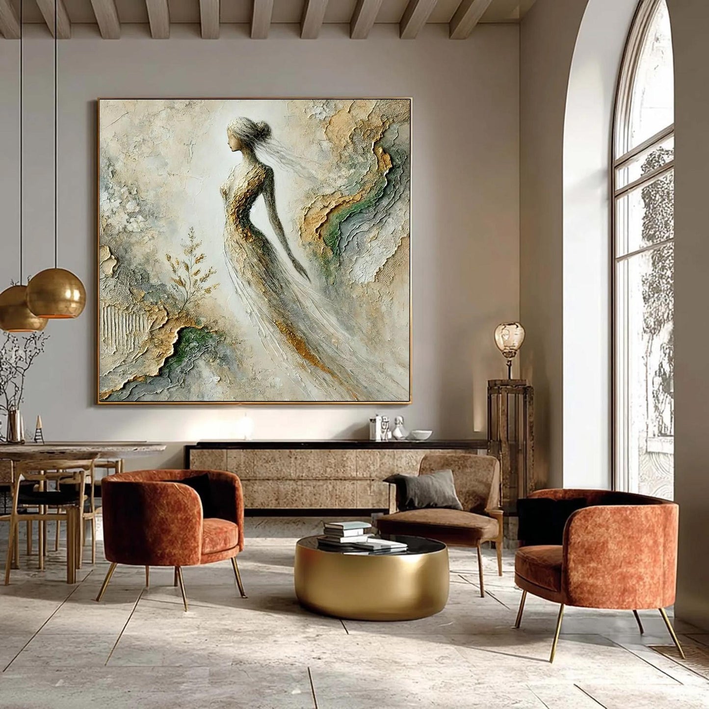 Textured Figure Painting, Mixed Media Woman Art, Gold Leaf Relief Canvas – Gold Female Figure Portrait Wall Art | Textured Mi