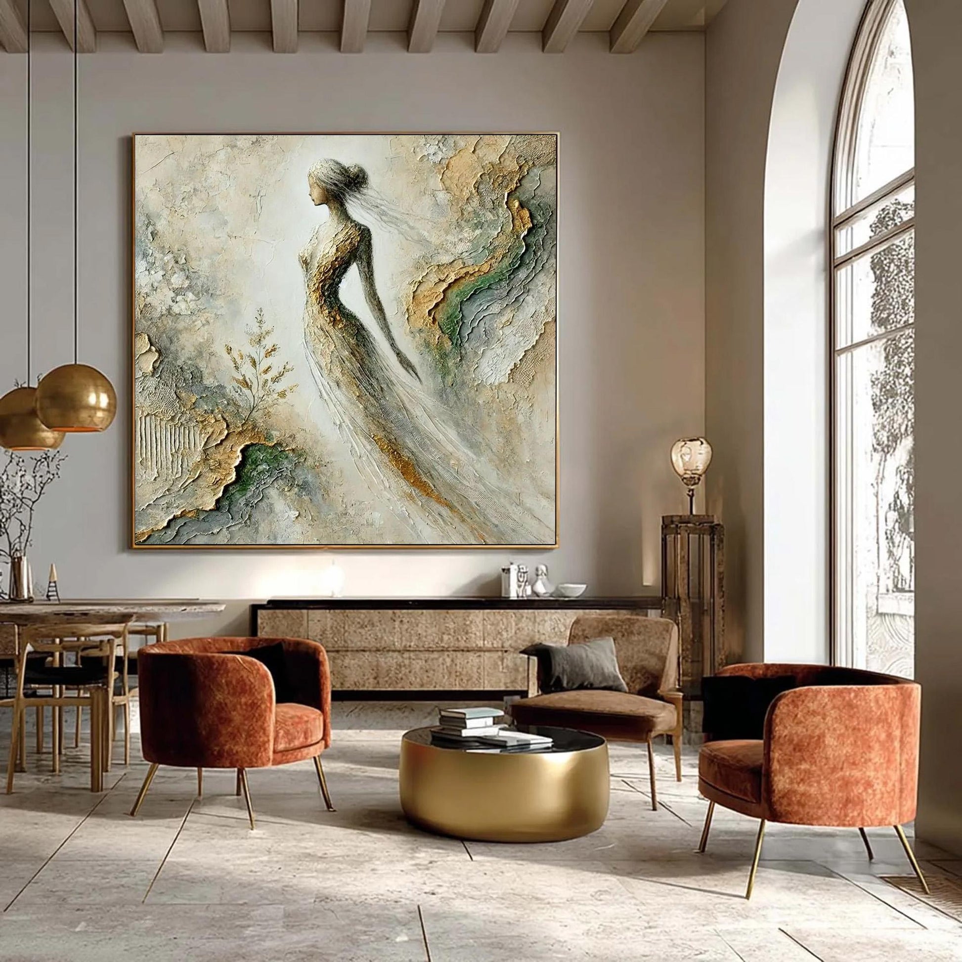 Textured Figure Painting, Mixed Media Woman Art, Gold Leaf Relief Canvas – Gold Female Figure Portrait Wall Art | Textured Mi