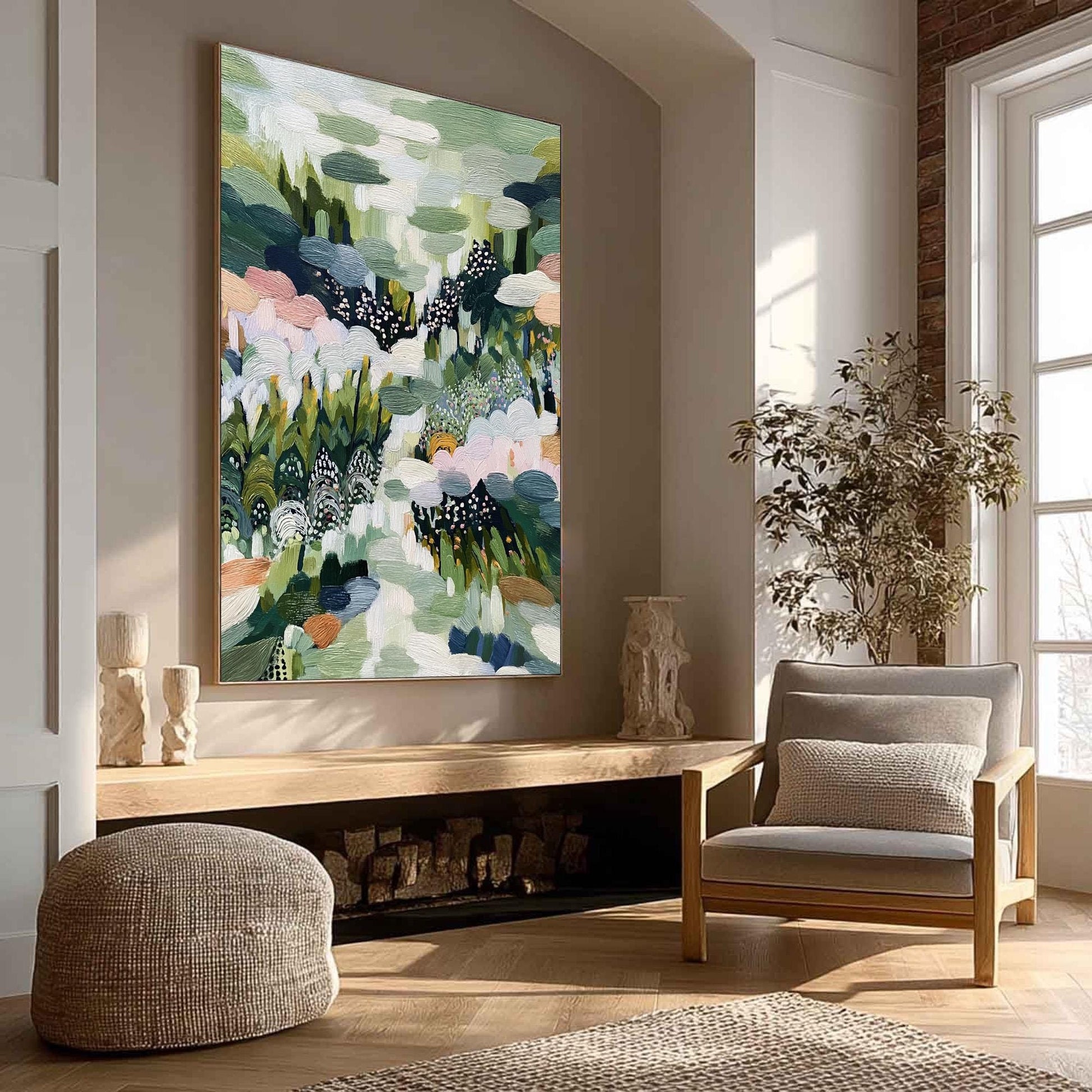 Textured Garden Painting, Green Pink Floral Impasto Canvas, Botanical Wall Art – Green and Pink Floral Wall Art | Impasto Pai
