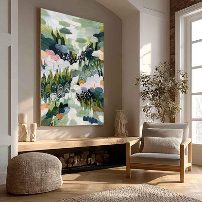 Textured Garden Painting, Green Pink Floral Impasto Canvas, Botanical Wall Art – Green and Pink Floral Wall Art | Impasto Pai