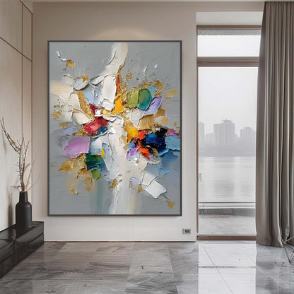 Colorful Abstract Impasto Floral Wall Art – Textured Painting with Gold Accents