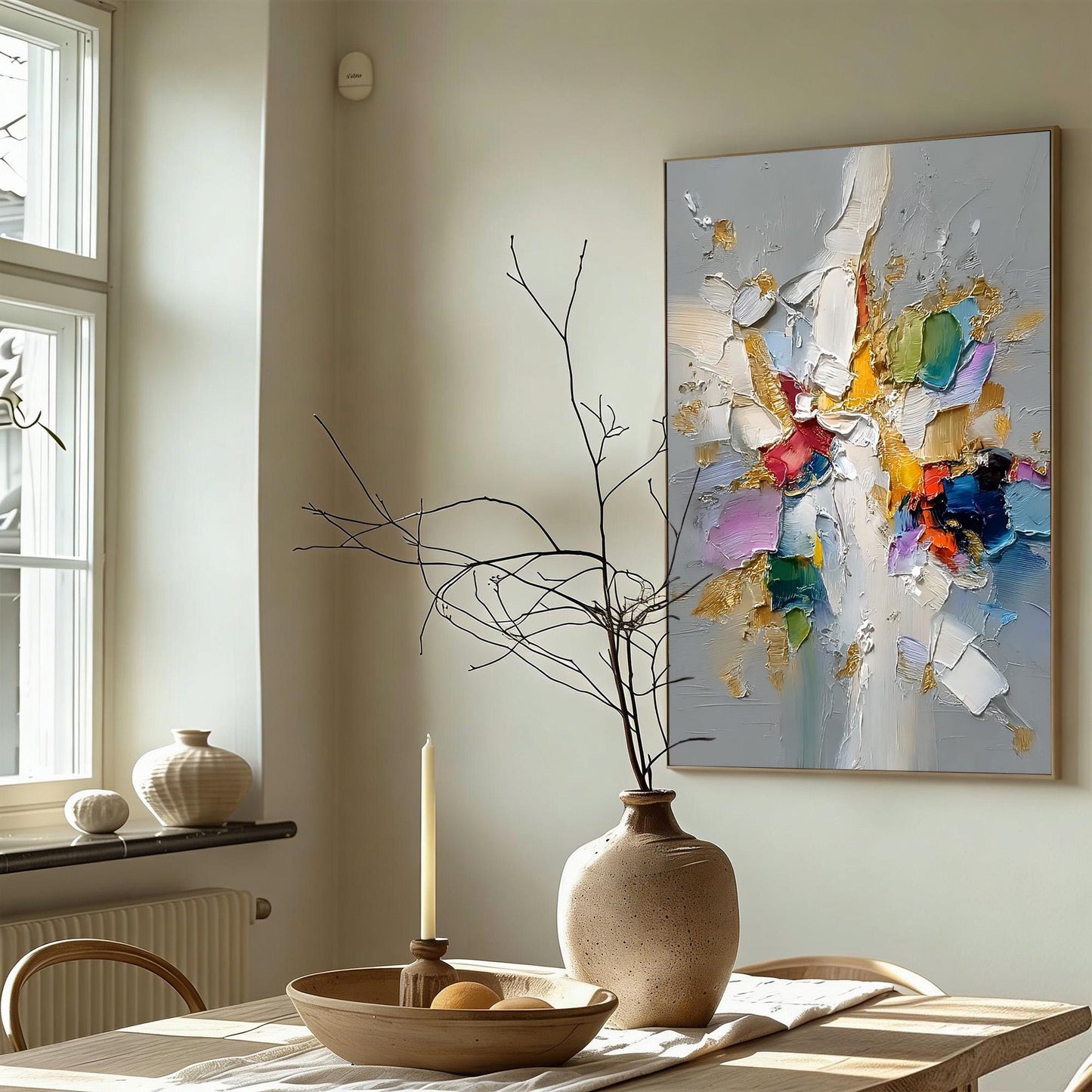 Abstract Textured Impasto Painting with Gold Accents, Colorful Floral Burst Canvas, Modern Wall Art – Colorful Floral Wall Ar