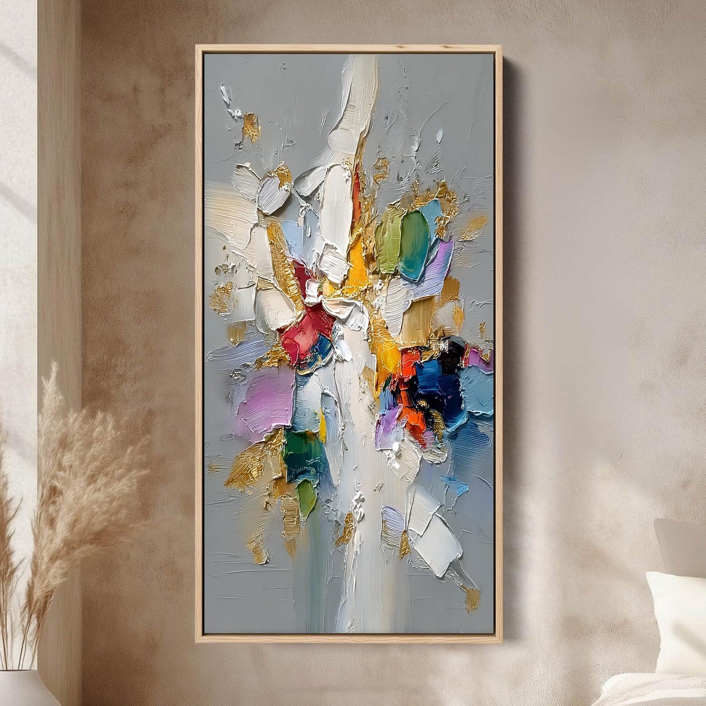 Colorful Abstract Impasto Floral Wall Art – Textured Painting with Gold Accents