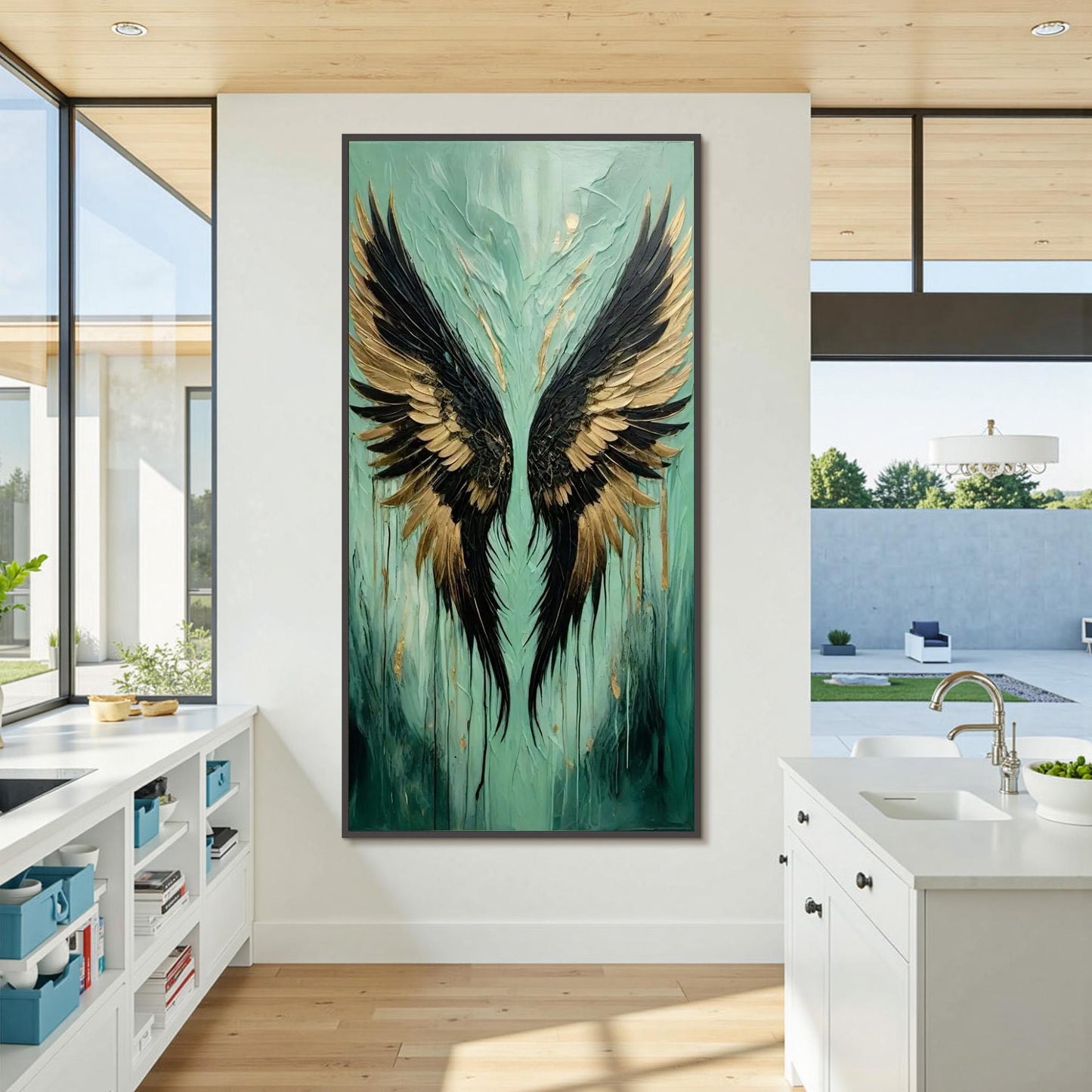 Teal and Gold Impasto Abstract 3D Texture Wall Art – Aqua Teal Angel Wings