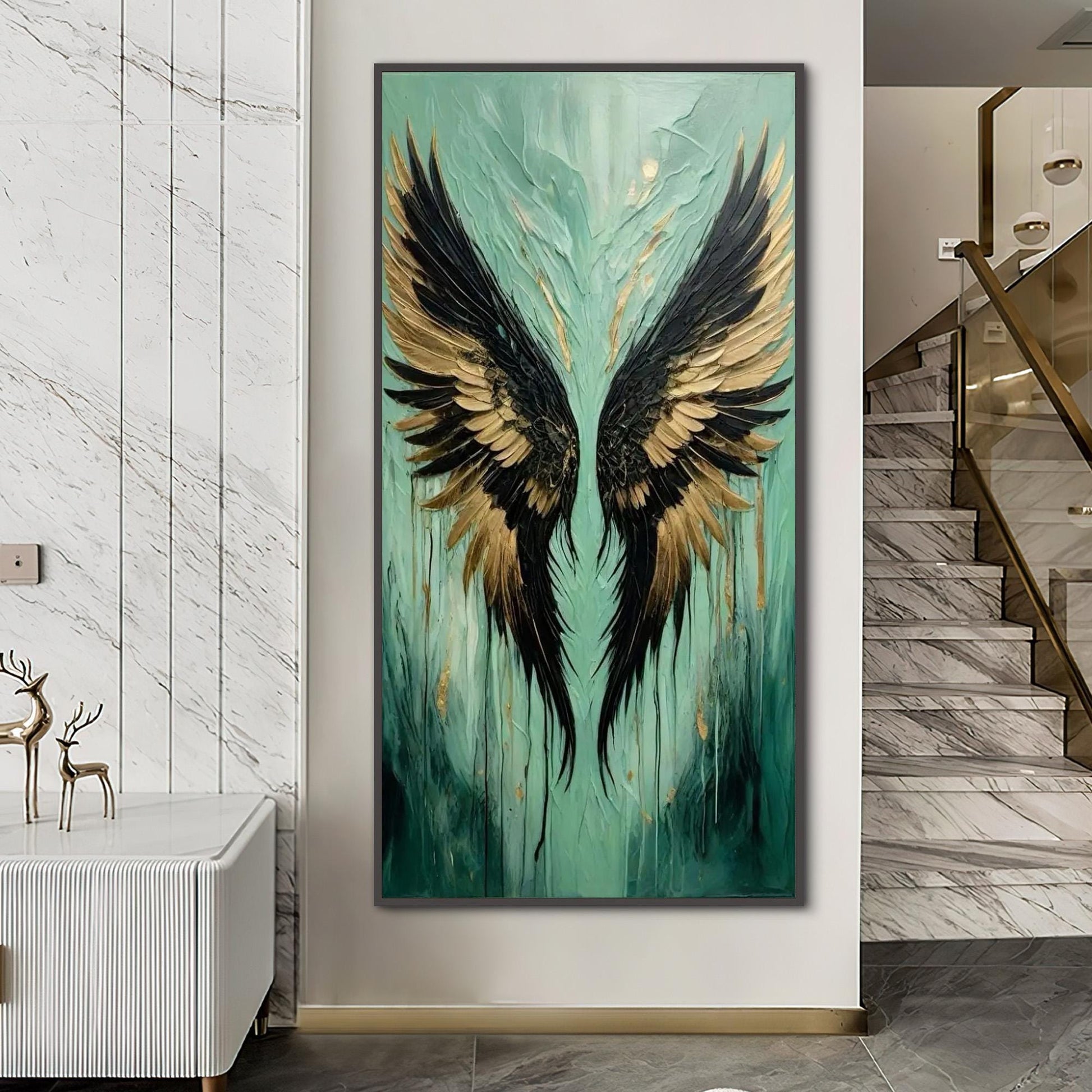 Aqua Teal Angel Wings – Teal and Gold Abstract 3D Texture Wall Art | Impasto Painting, view 1