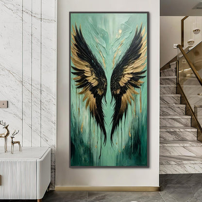 Aqua Teal Angel Wings – Teal and Gold Abstract 3D Texture Wall Art | Impasto Painting, view 1