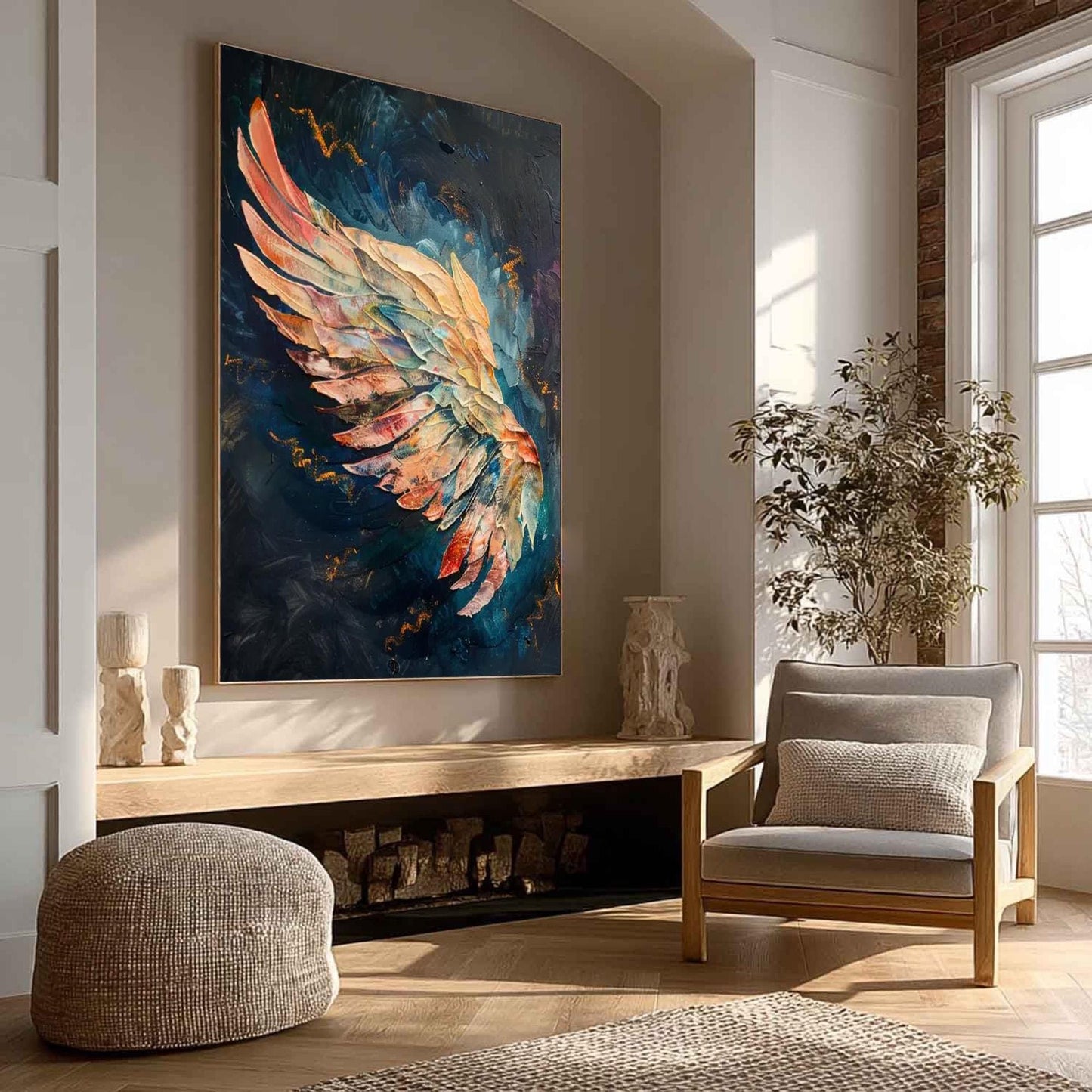 Textured Impasto Feather Wing Painting, Multicolor Angel Wall Art – Colorful Bird Animal Wall Art | Impasto Painting, view 2