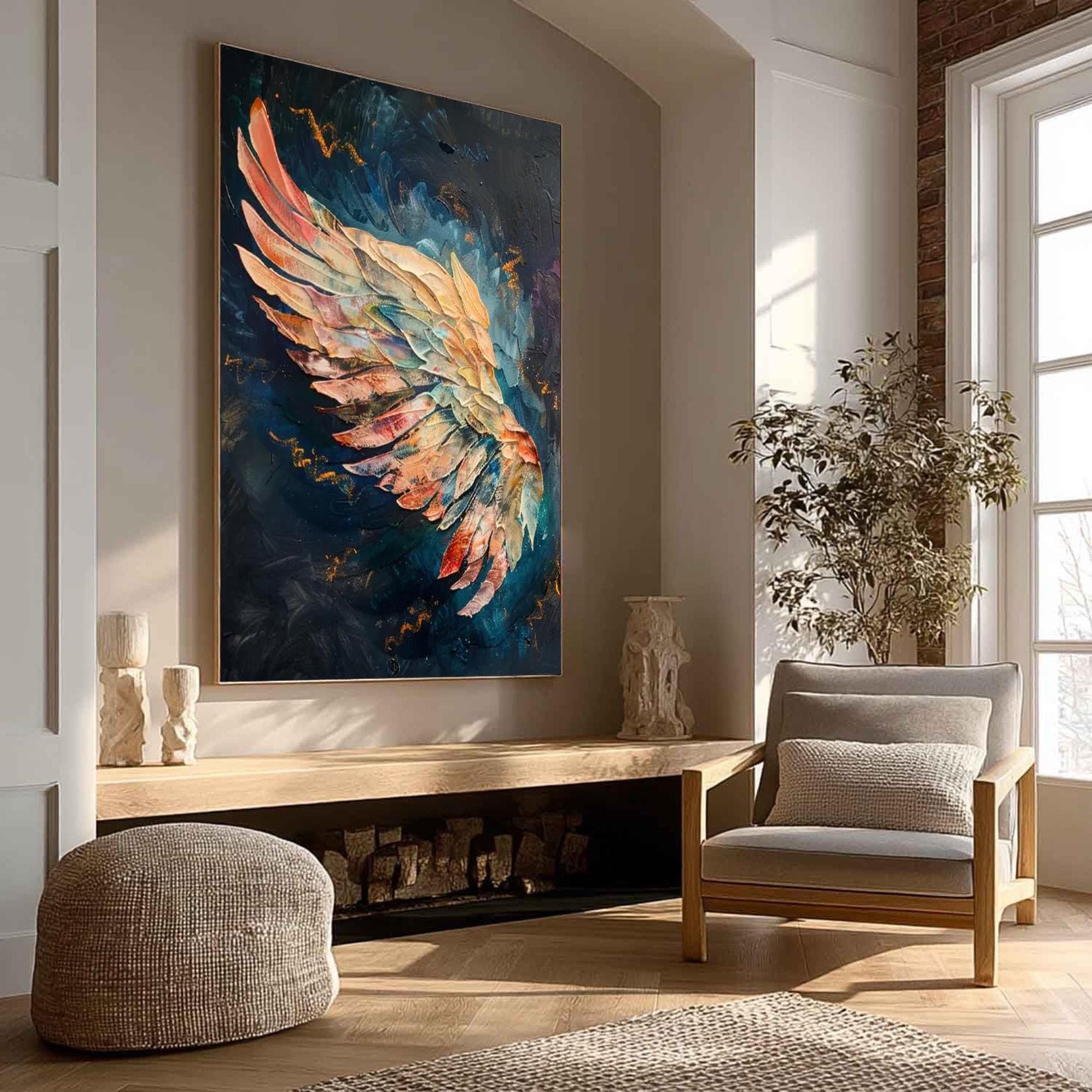 Textured Impasto Feather Wing Painting, Multicolor Angel Wall Art – Colorful Bird Animal Wall Art | Impasto Painting, view 2