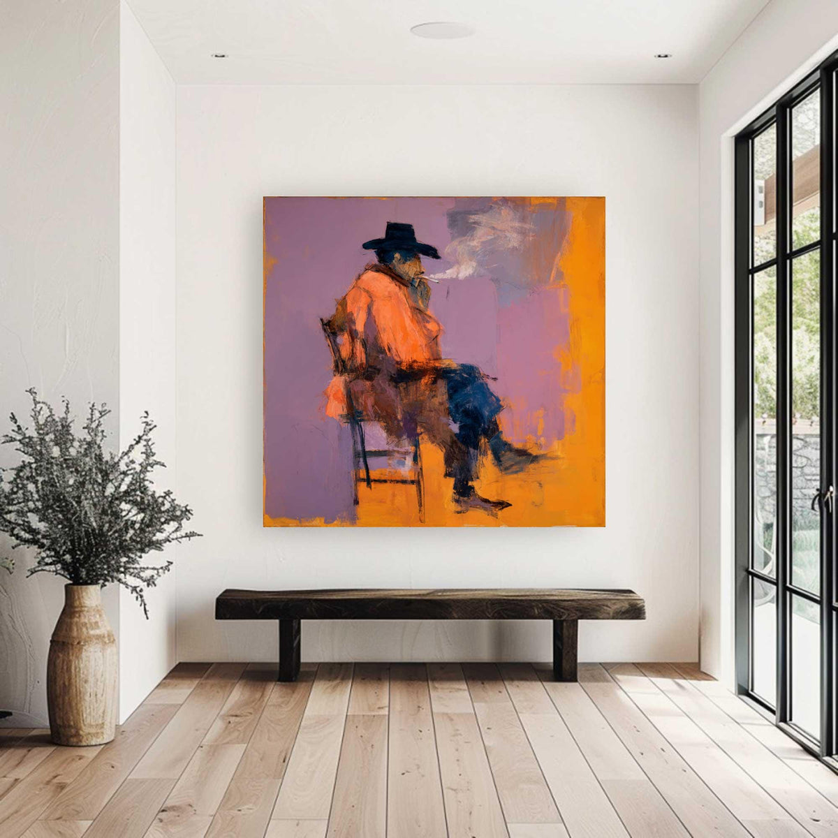 Original Expressionist Man in Hat Painting, Rugged Cowboy Smoking Wall Art, Contemporary Figurative Oil Art Modern Western Wall Decor