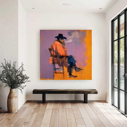 Original Expressionist Man in Hat Painting, Rugged Cowboy Smoking Wall Art, Contemporary Figurative Oil Art Modern Western Wall Decor