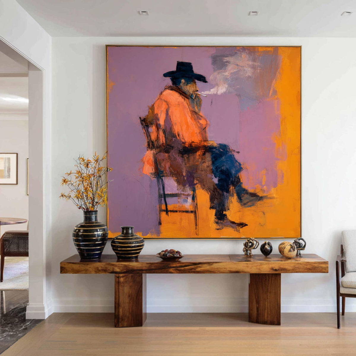 Original Expressionist Man in Hat Painting, Rugged Cowboy Smoking Wall Art, Contemporary Figurative Oil Art Modern Western Wall Decor