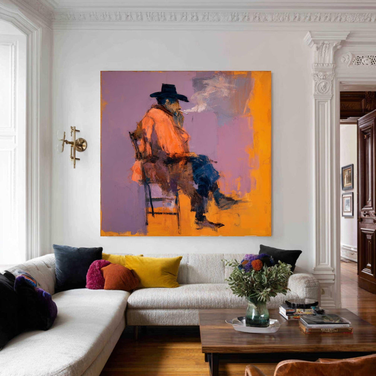 Original Expressionist Man in Hat Painting, Rugged Cowboy Smoking Wall Art, Contemporary Figurative Oil Art Modern Western Wall Decor